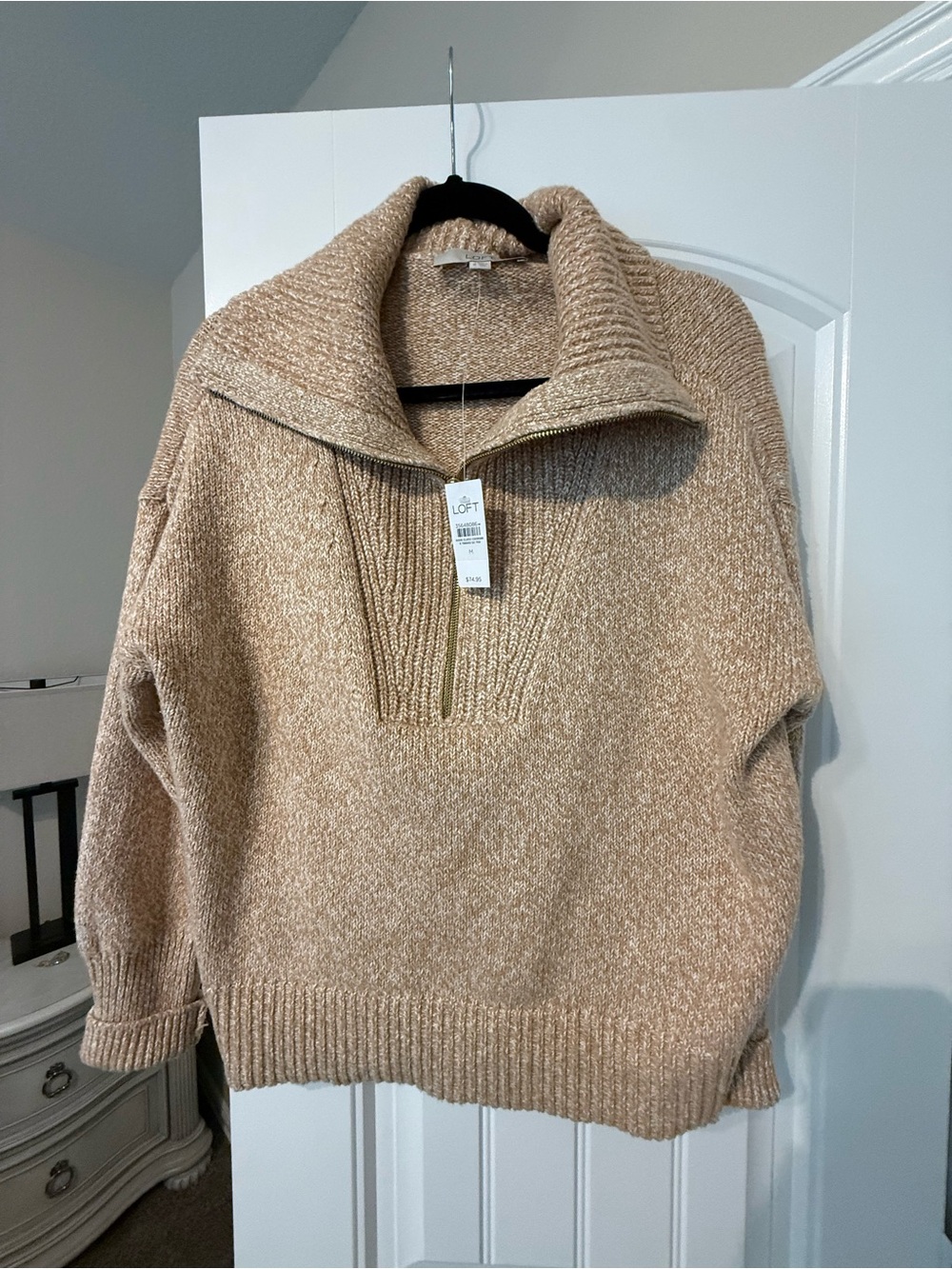 LOFT Women's Beige V-Neck Half-Zip Sweater